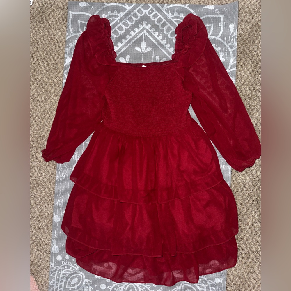 Red Ruffled Square Neck Smocked Cinched Dress